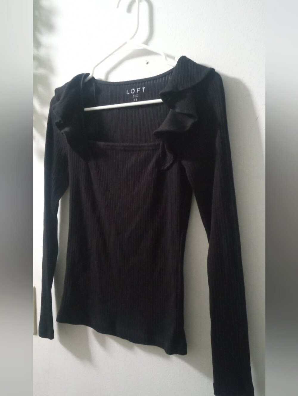 LOFT Black Ribbed Long-Sleeve Top with Ruffle Collar